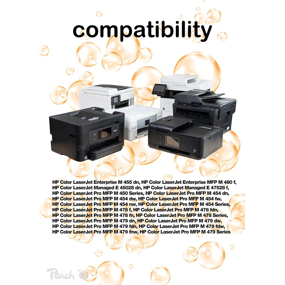 Wiele drukarek HP LaserJet w kolorze czarnym i białym, otoczonych bąbelkami.