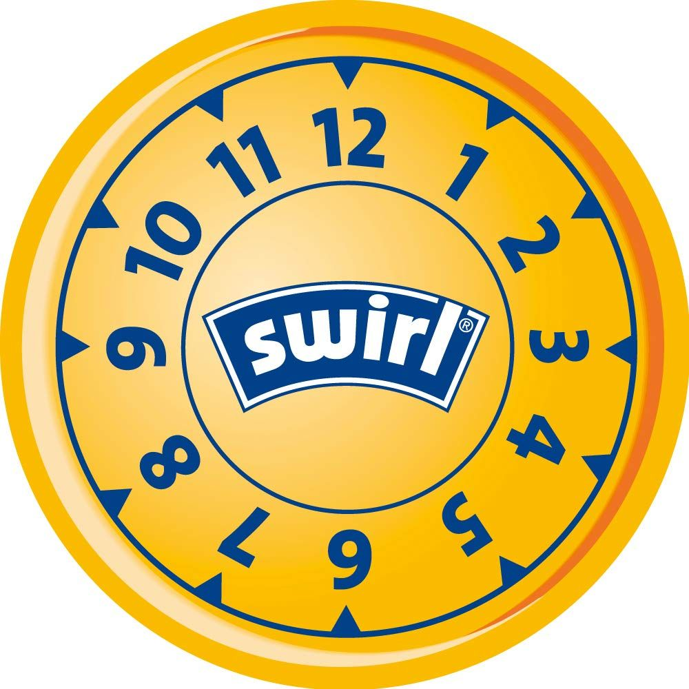 Gelbe Uhr mit blauen Zahlen von 1-12 und "swirl"-Logo.