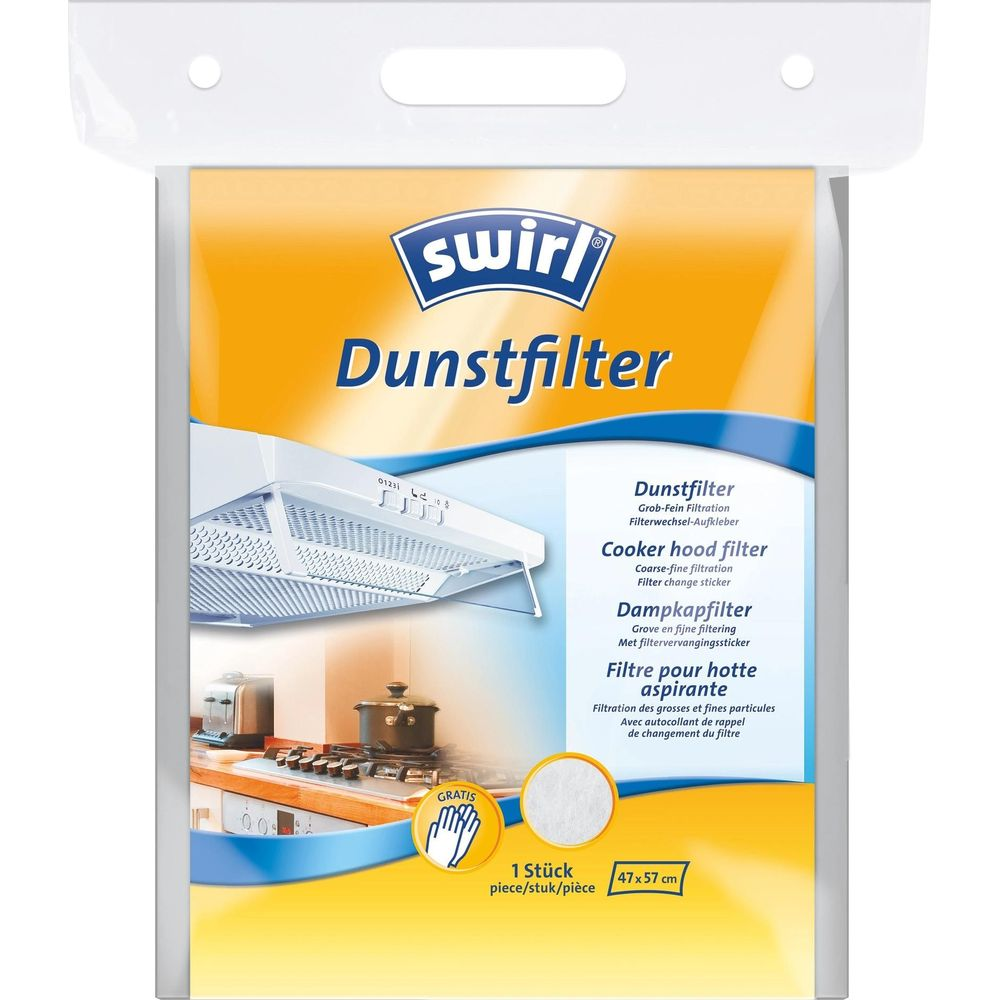 Swirl Dunstfilter Verpackung mit Kochfeldabzug und Filterprobe.