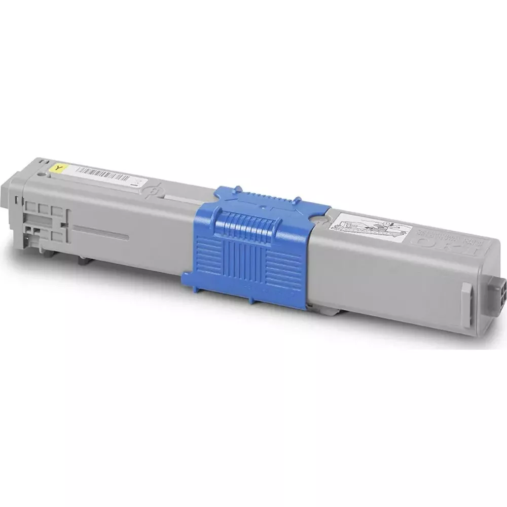 Szara kaseta z tonerem, z niebieskim uchwytem, etykietą i kodem kreskowym.