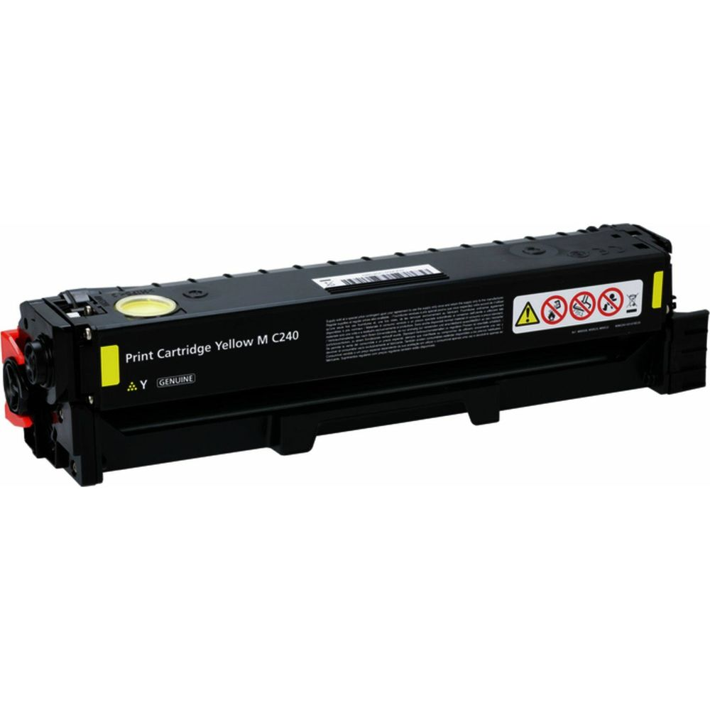 Czarny żółty toner z czerwonym złączem i etykietami.