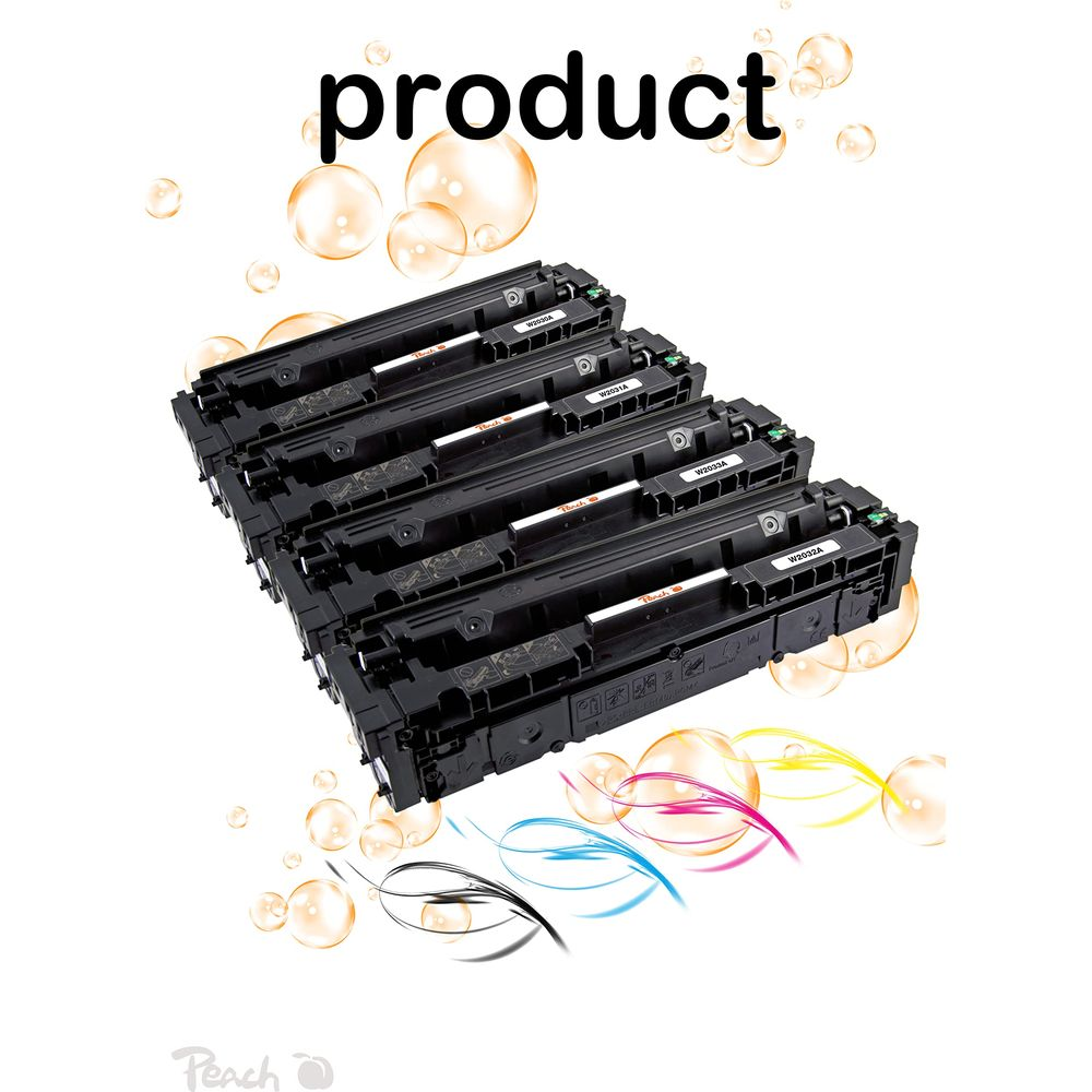 Kilka czarnych kaset z tonerem ułożonych jeden na drugim, otoczonych bańkami i kolorowymi liniami.