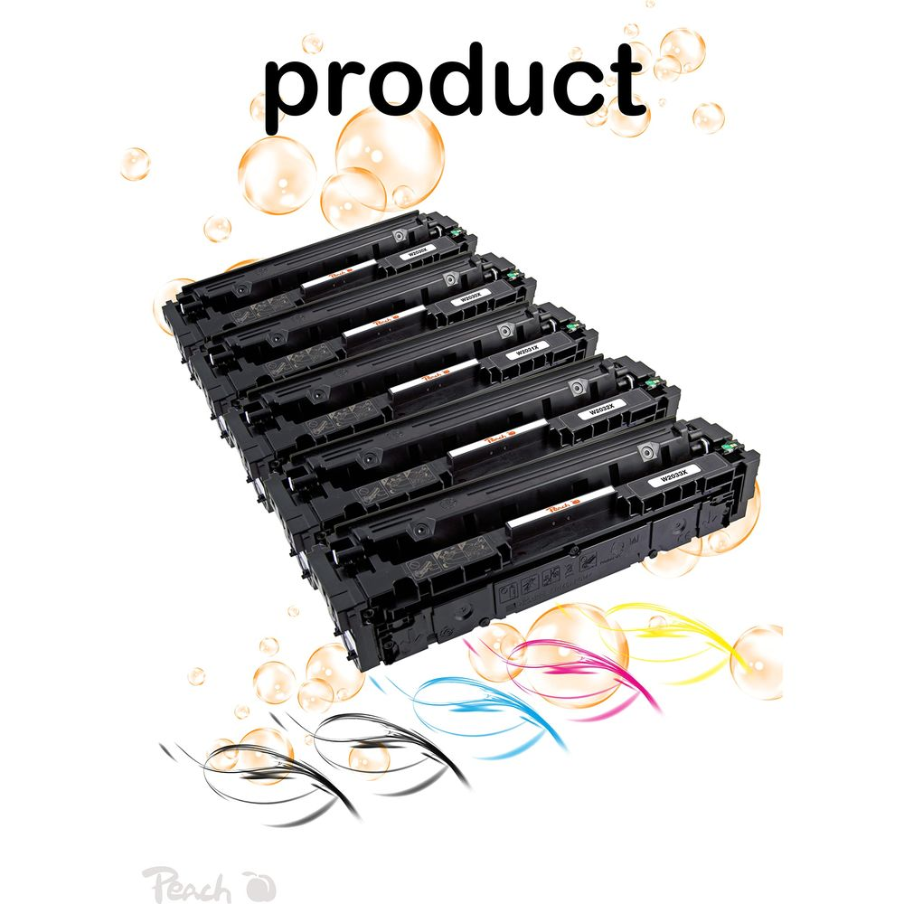 Plusieurs cartouches de toner noires sont empilées sur fond blanc.