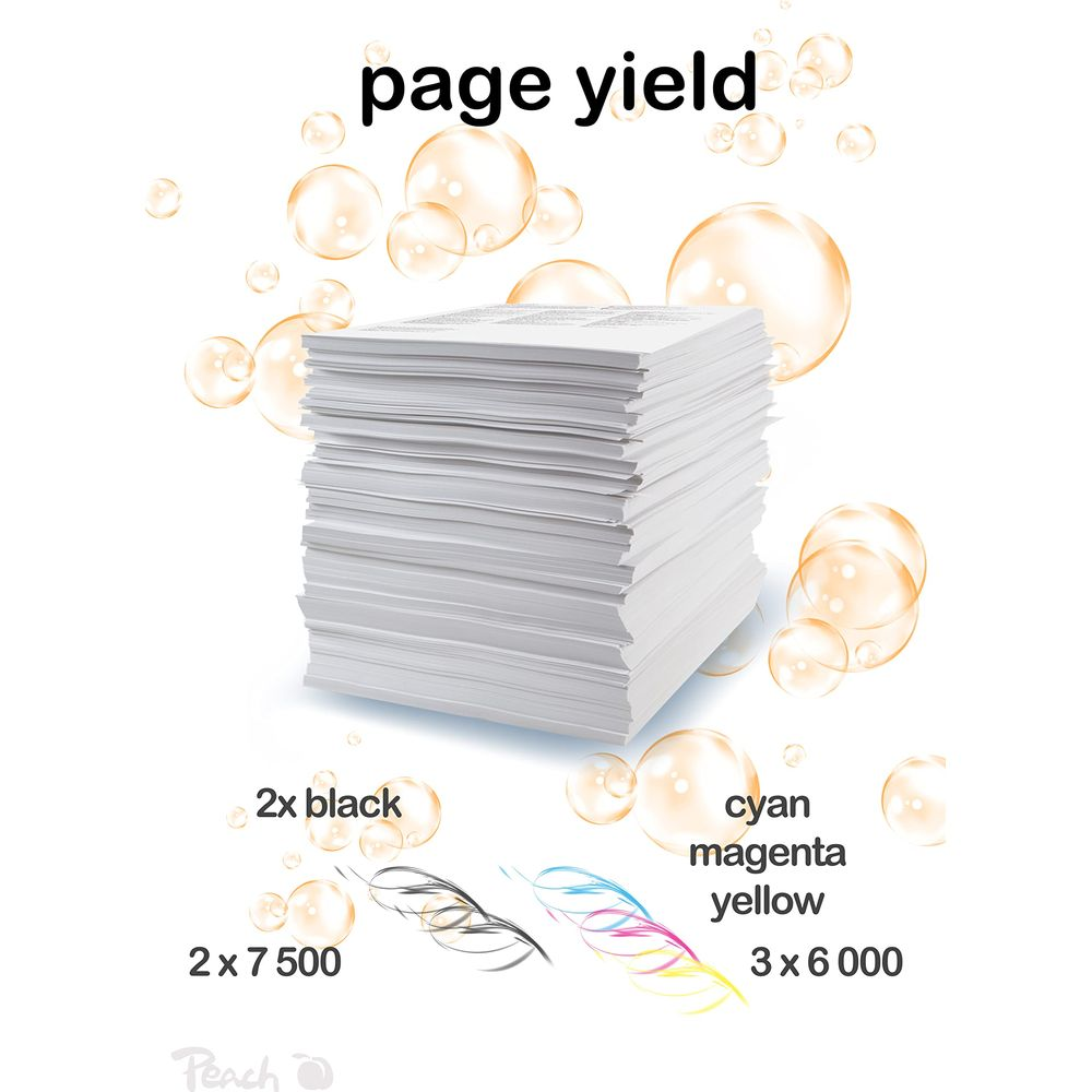 Pile de papier avec bulles, texte et graphiques de plumes. 2x noir 2x 7500, 3x cyan magenta jaune 6000.