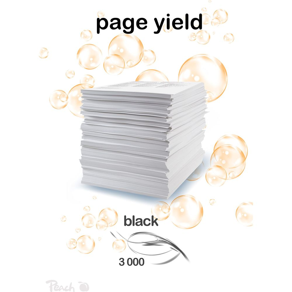 Una pila di fogli bianchi con bolle e testo 'page yield black 3000'.