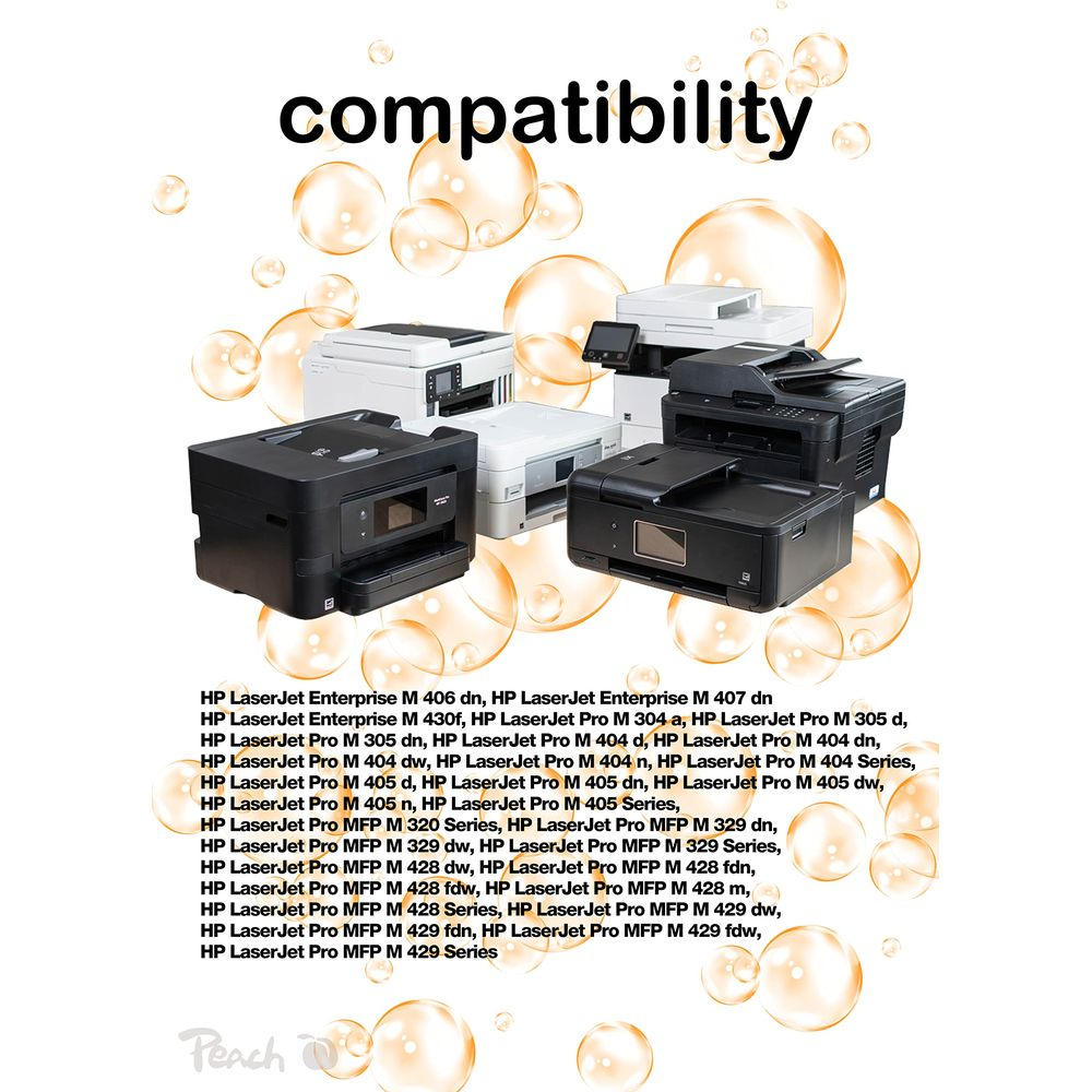 Varie stampanti e MFP HP LaserJet con titolo "compatibility" e bolle.