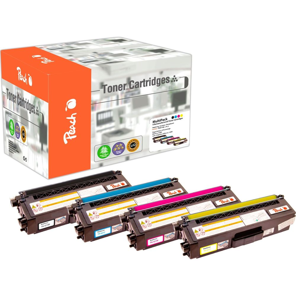 Una scatola Peach di cartucce toner e quattro cartucce singole.