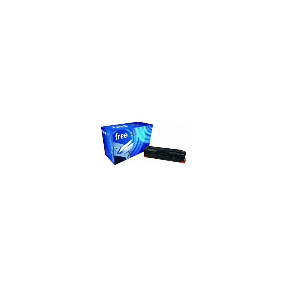 Una scatola blu Freecolor accanto a una cartuccia toner nera.