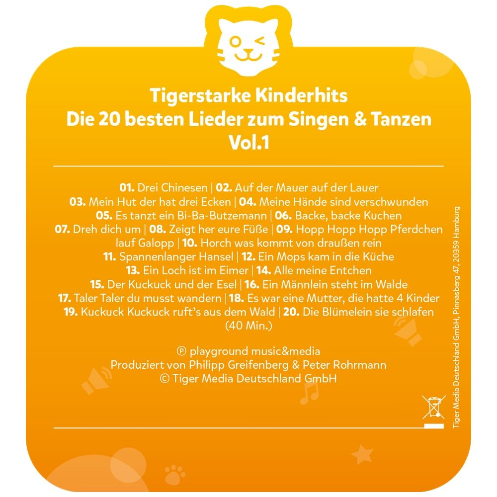 Gelbes Cover mit Titel "Tigerstarke Kinderhits" und Liedliste.