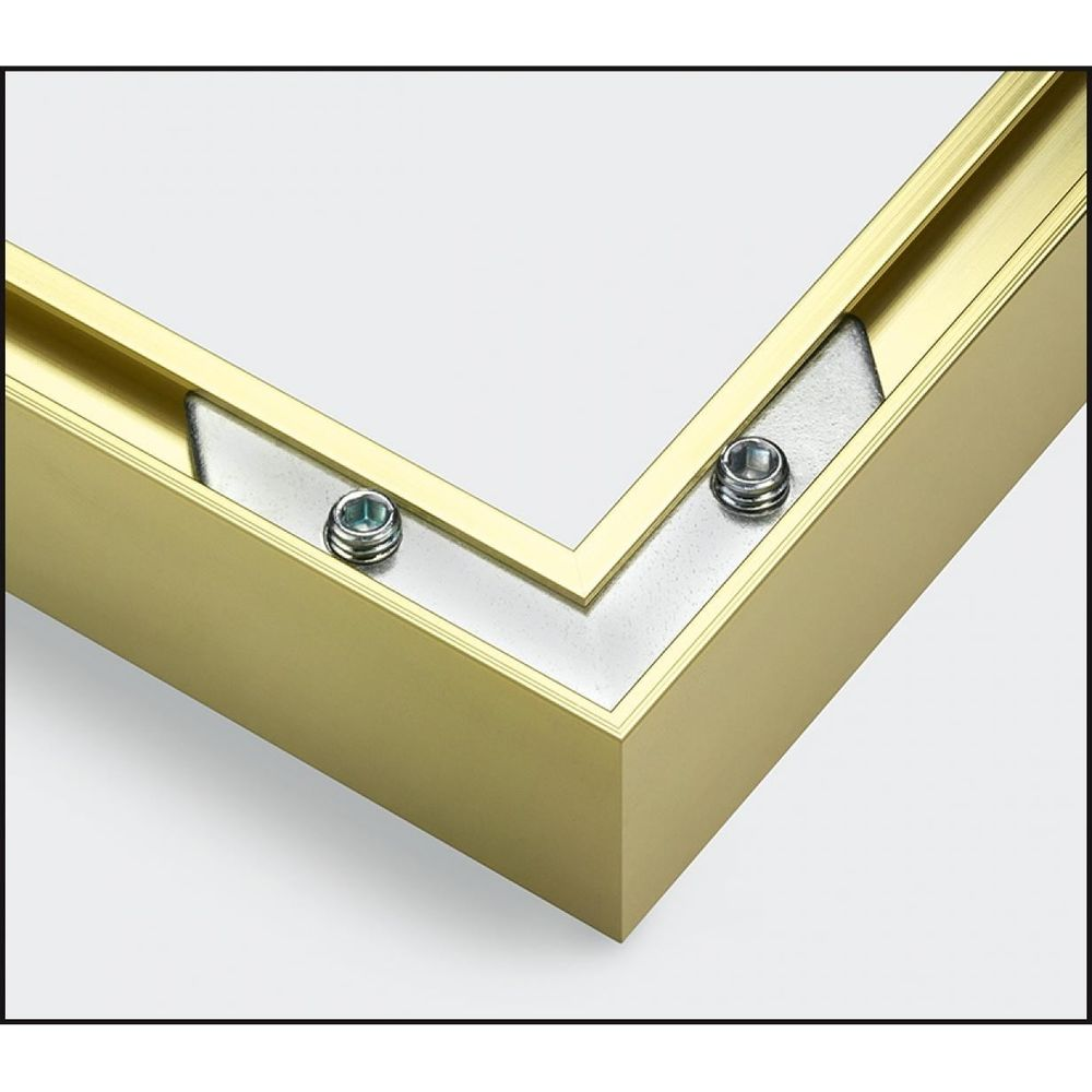 Goldener Rahmen mit zwei Schrauben und Metallverbindern an der Ecke.
