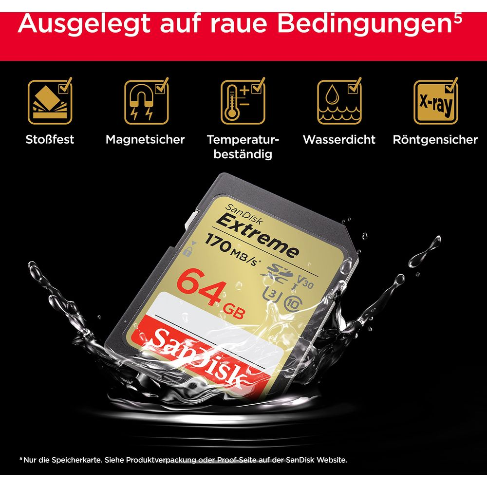 Carte mémoire SanDisk Extreme 64Go avec icônes pour résistance aux chocs, magnétisme, température, eau, rayons X.