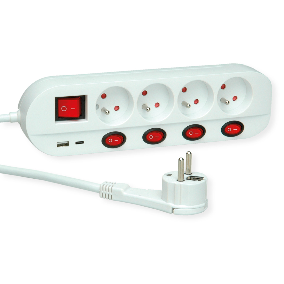 Multiprise blanche avec quatre prises, interrupteur principal et ports USB.
