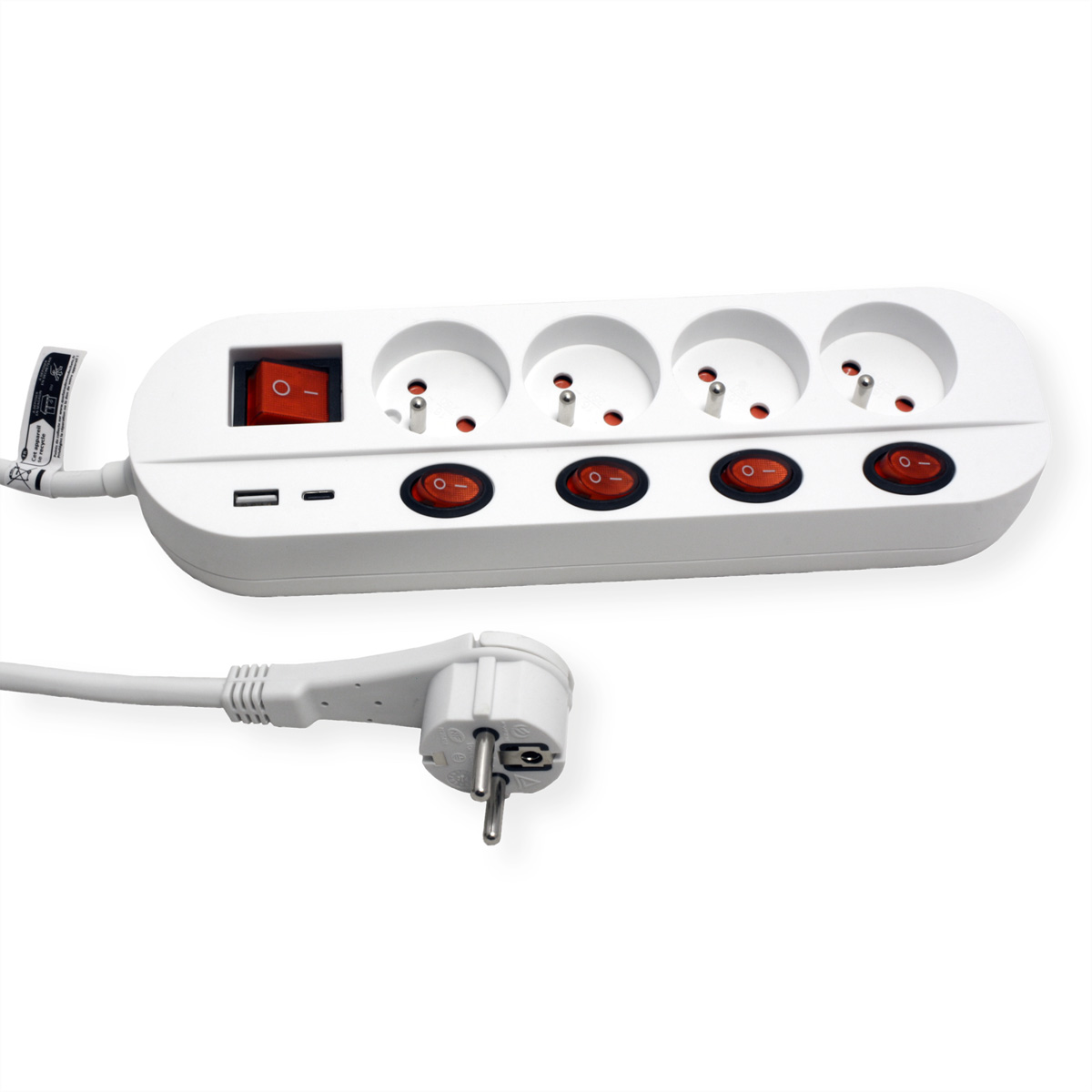 Multiprise blanche avec quatre prises, interrupteur rouge et ports USB.