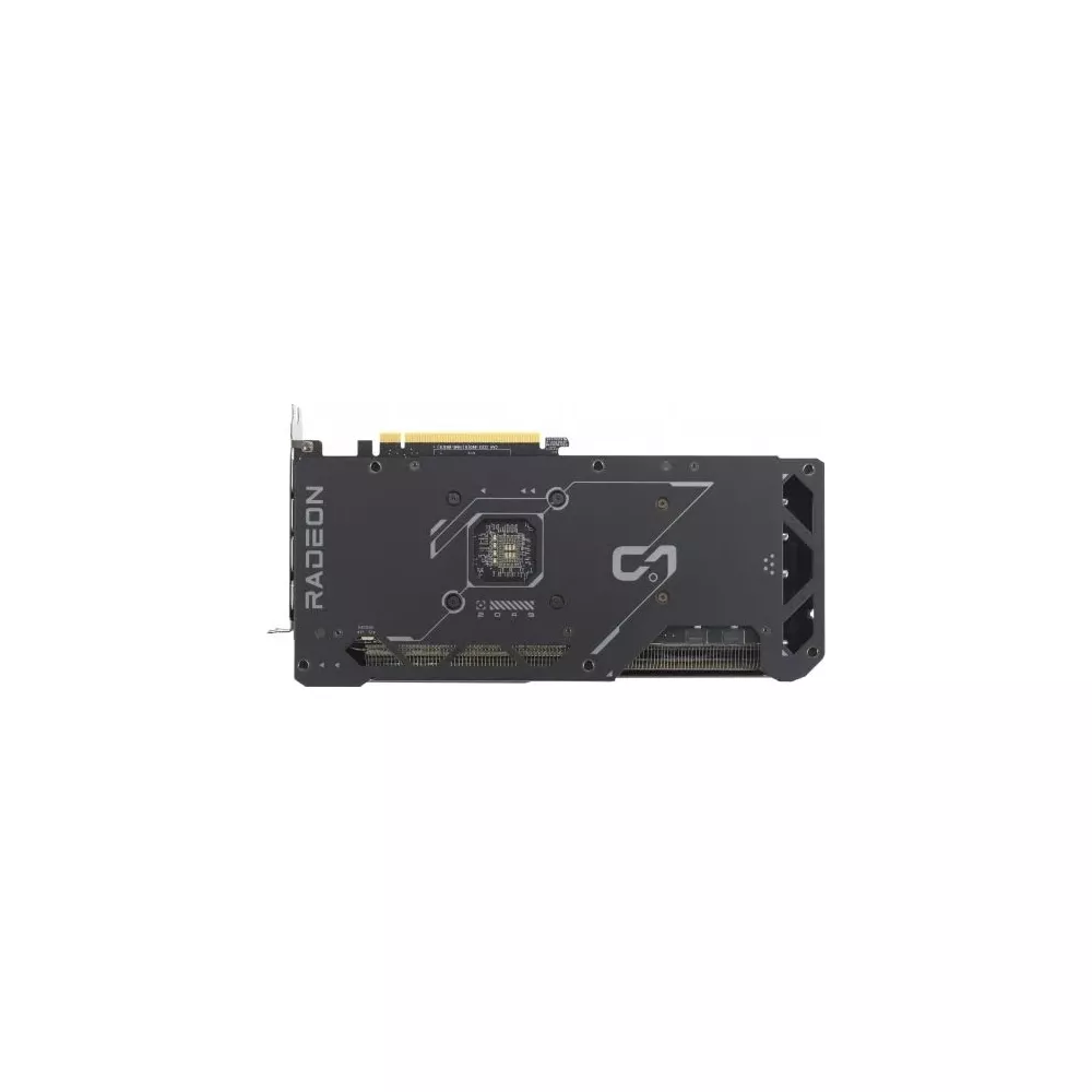 Radeon grafische kaart op witte achtergrond, achterkant met ventilatoren en poorten.