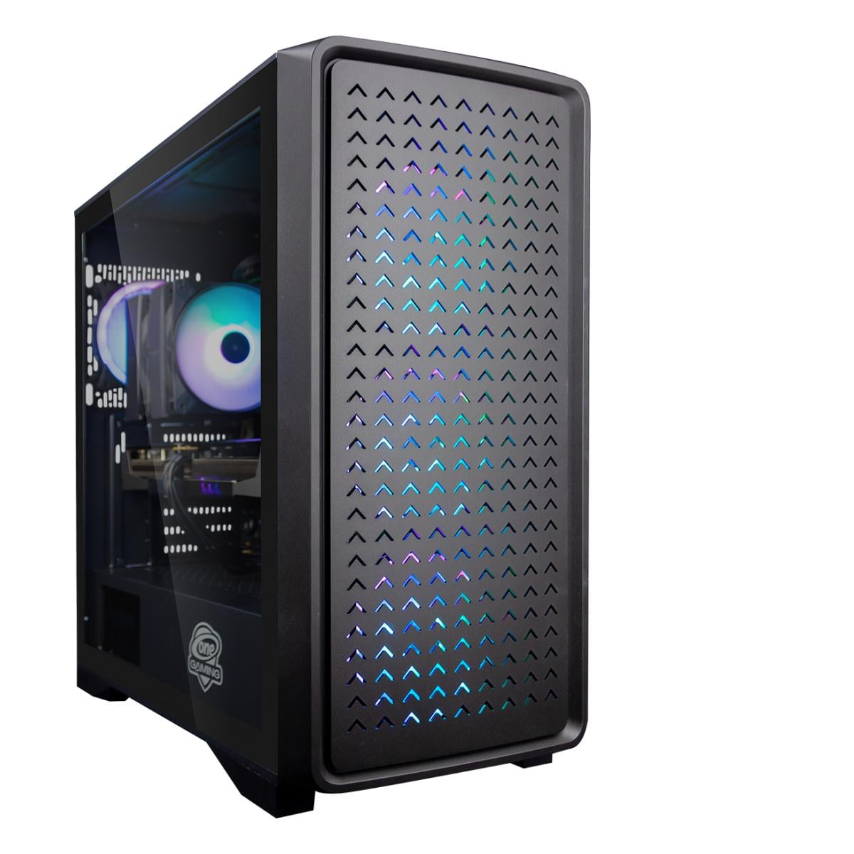 Schwarzes PC-Gehäuse mit beleuchtetem Frontpanel und Glasfenster.
