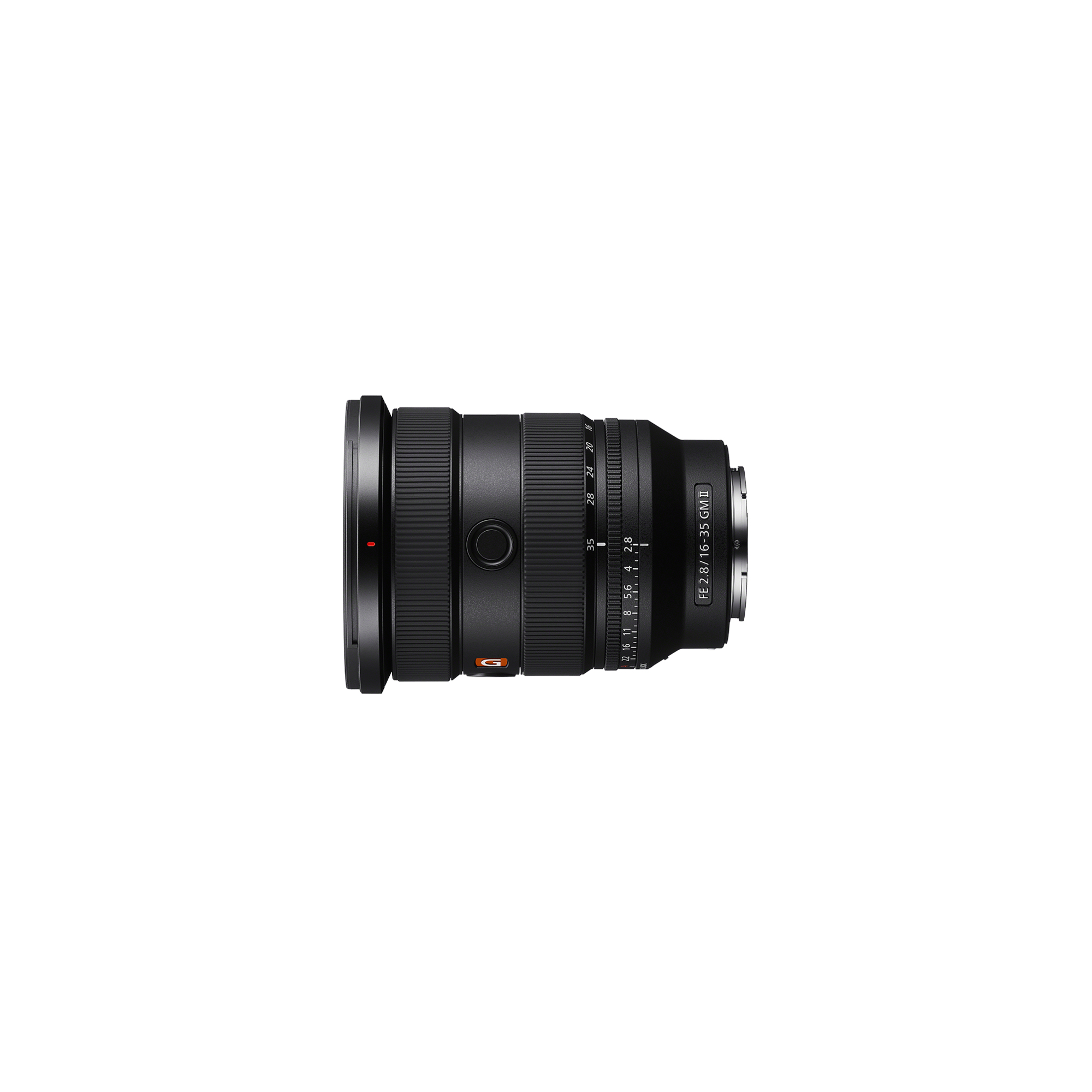Een Sony FE 2.8/16-35 GM II lens wordt getoond op een witte achtergrond.