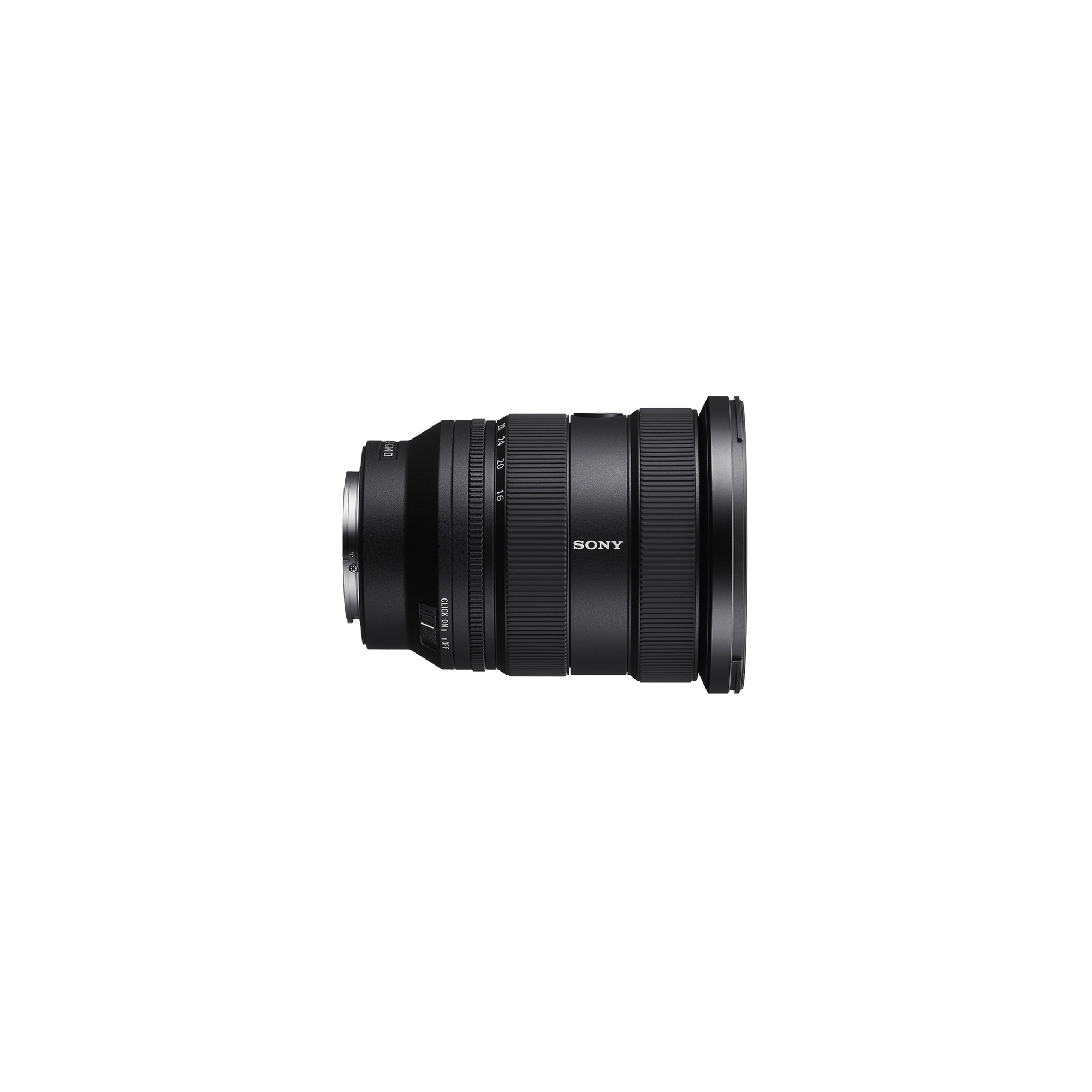 Een zwarte Sony cameralens met zoomring en markeringen.
