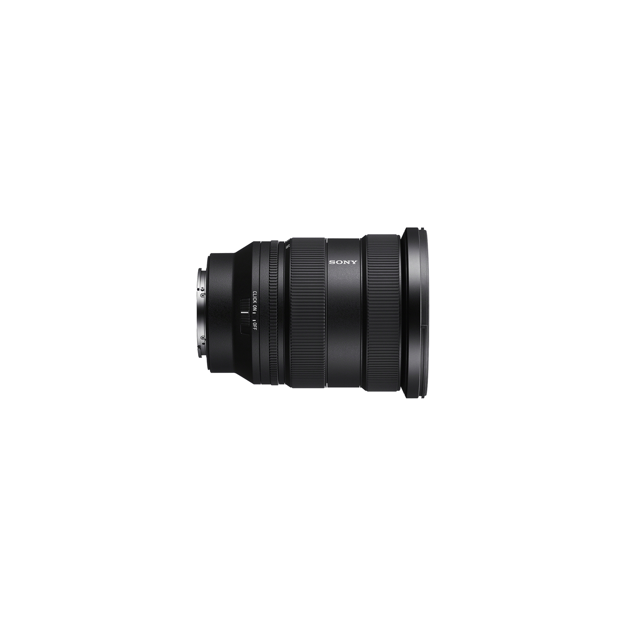 Zwarte Sony camera lens met focus- en zoomringen.