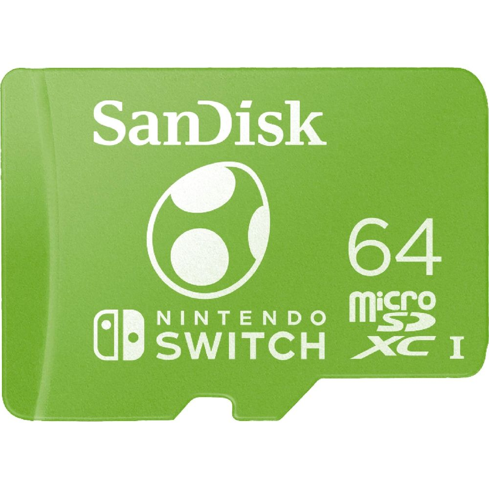 Grüne SanDisk 64GB MicroSDXC Karte für Nintendo Switch mit Yoshi-Ei-Symbol.