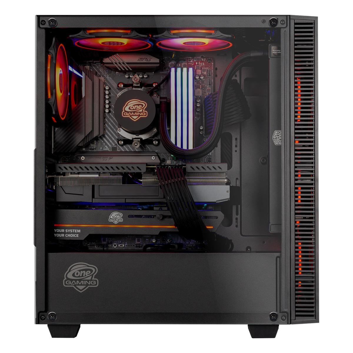 Ein Gaming-PC mit RGB-Lüftern, Wasserkühlung und beleuchteter Grafikkarte.