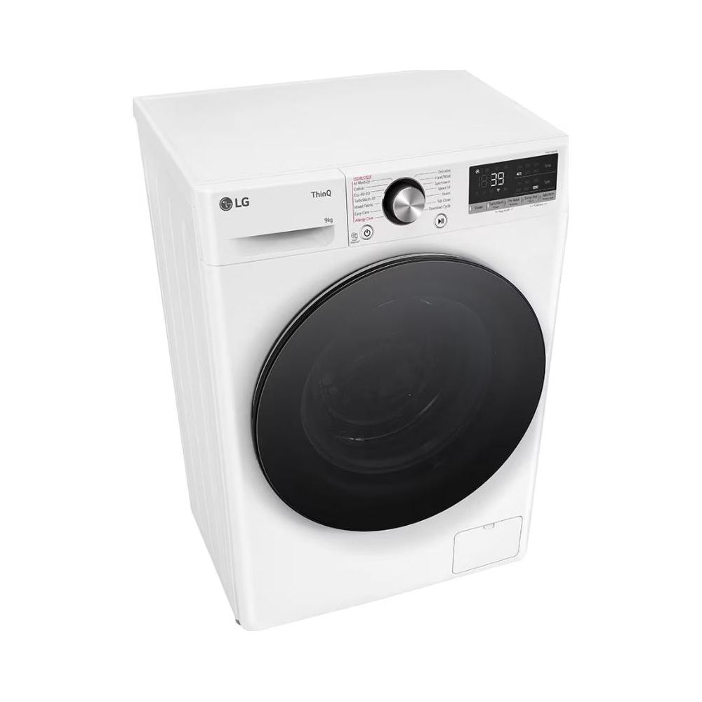 Machine à laver LG ThinQ à chargement frontal blanc avec porte de tambour noire et écran numérique.