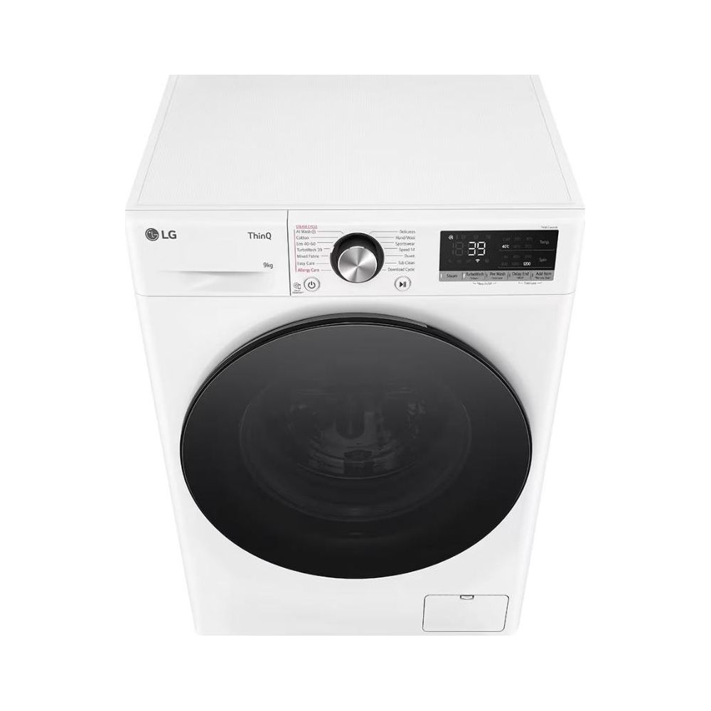 Machine à laver LG blanche avec porte et panneau de contrôle noirs.