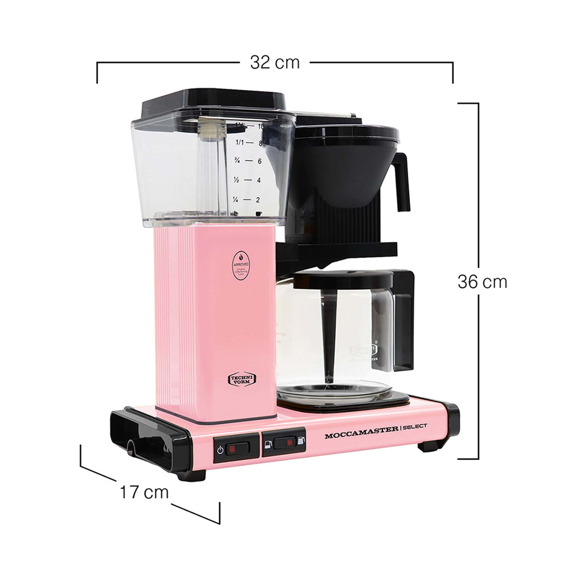 Eine rosa Moccamaster Kaffeemaschine mit schwarzen Akzenten und Maßen.