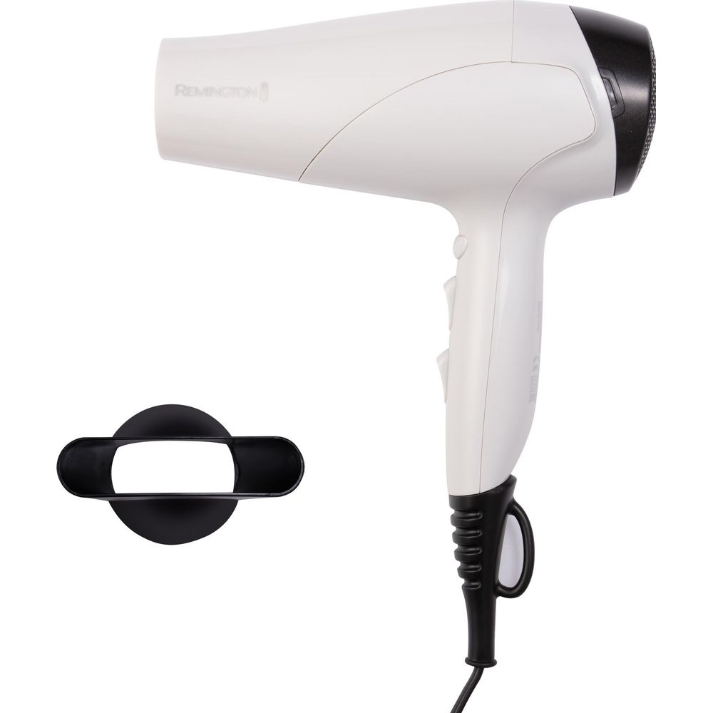 Biała suszarka Remington z czarną dyszą i czarnym uchwytem.
