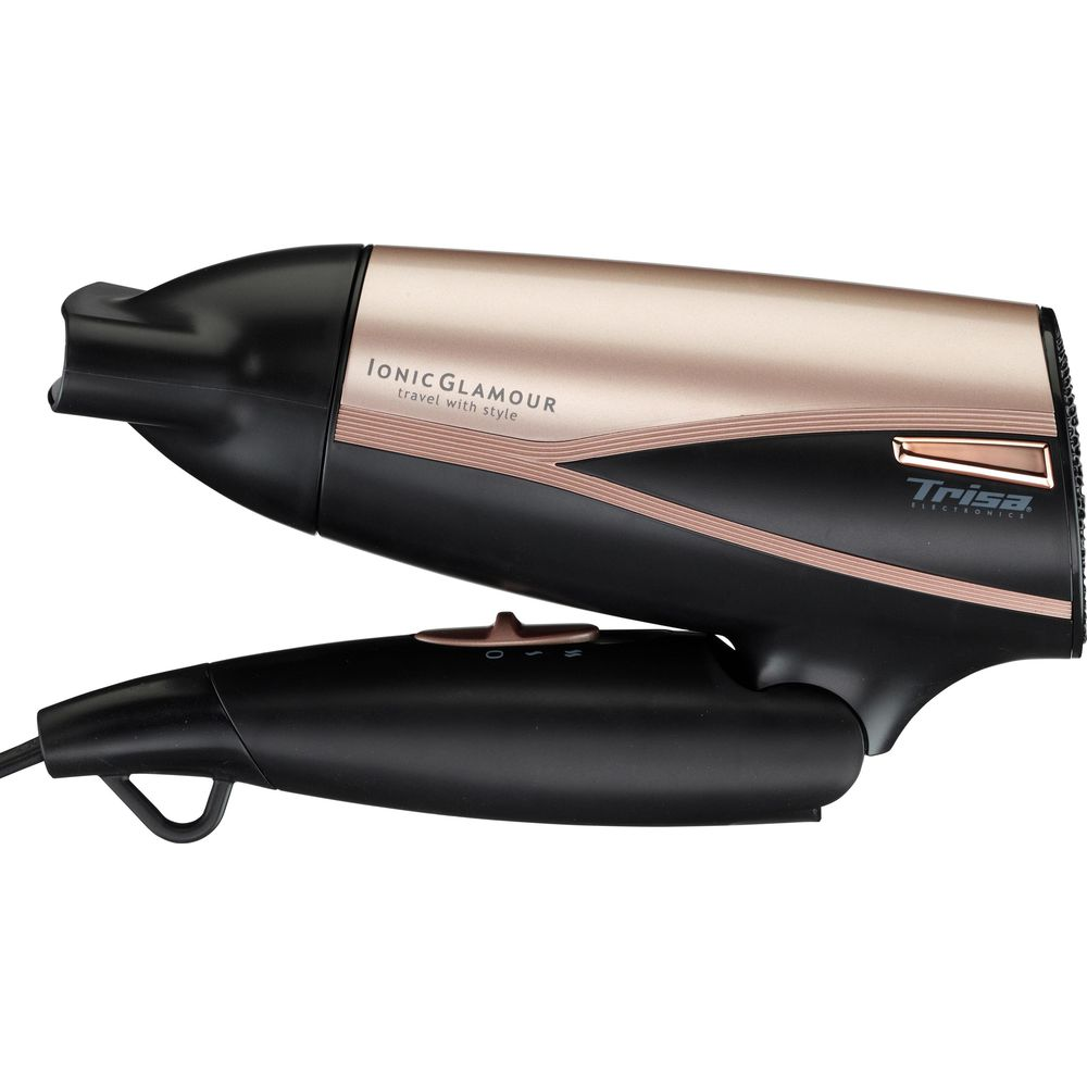 Ein schwarzer und goldener Haartrockner mit dem Schriftzug Ionic Glamour.