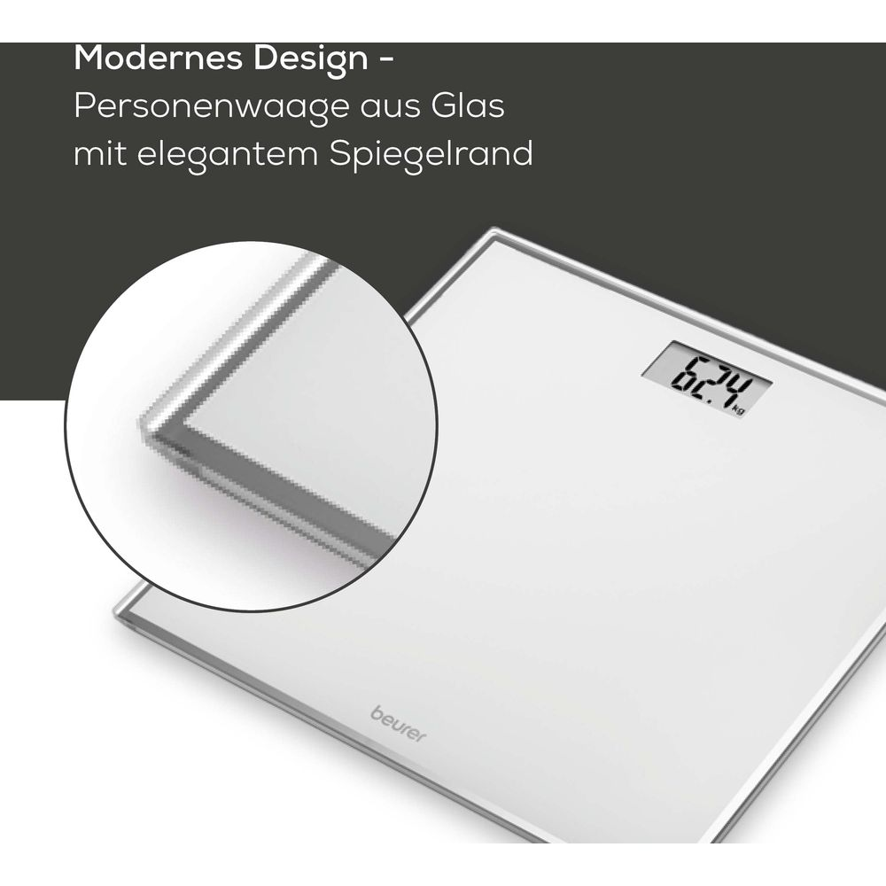 Moderne Glaswaage mit Spiegelrand und Anzeige 62.4 kg.