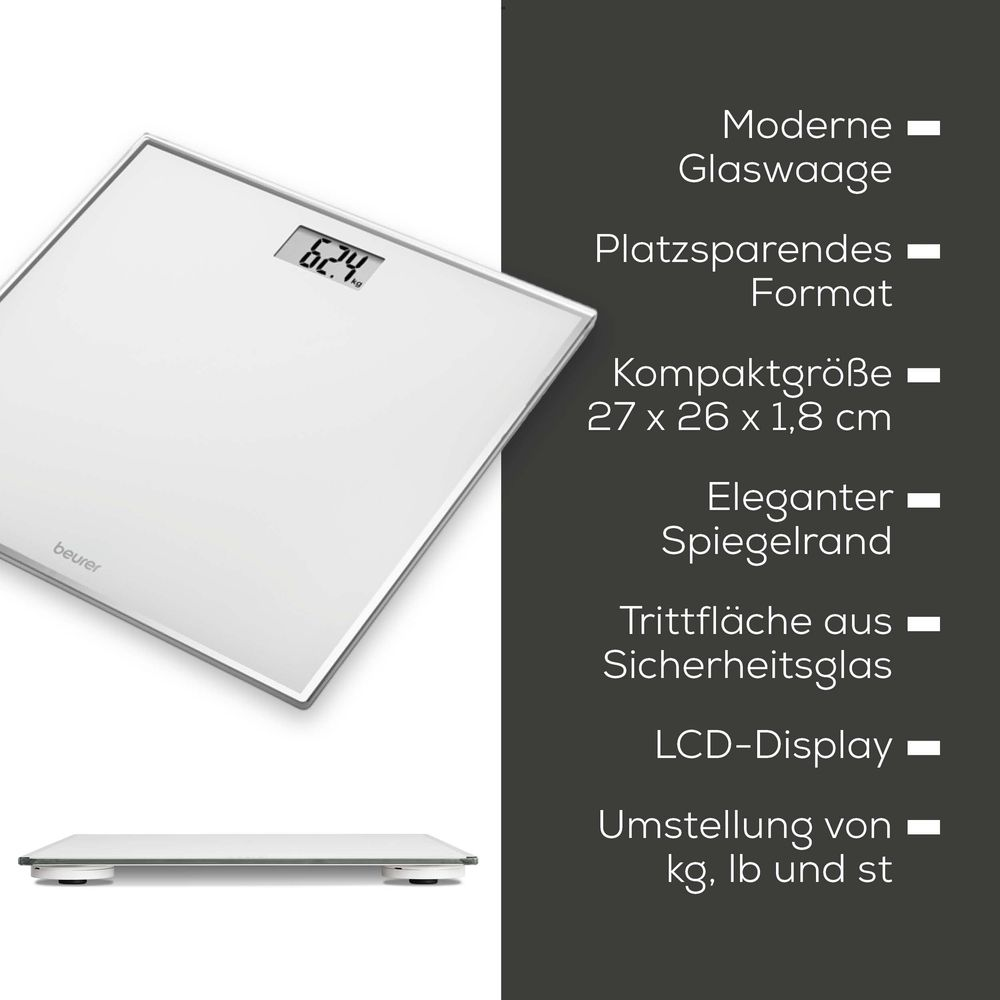 Eine moderne weiße Glaswaage mit LCD-Display zeigt 62,4 kg an.