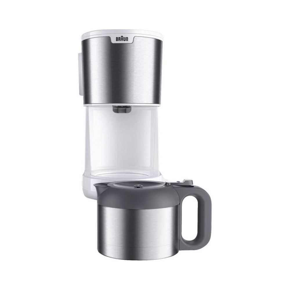 Ekspres do kawy Braun z srebrną obudową ze stali nierdzewnej i szklanym dzbankiem.