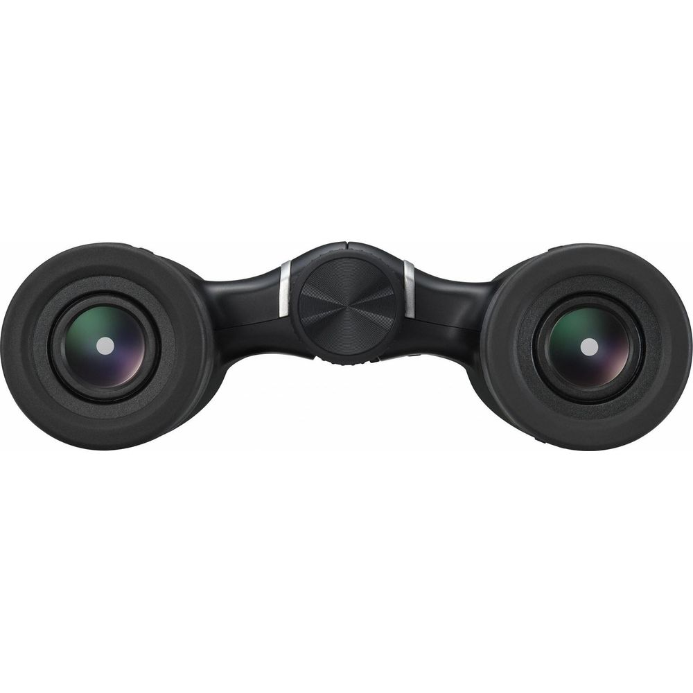 Czarne lornetki z srebrnymi akcentami i kółkiem ostrości.