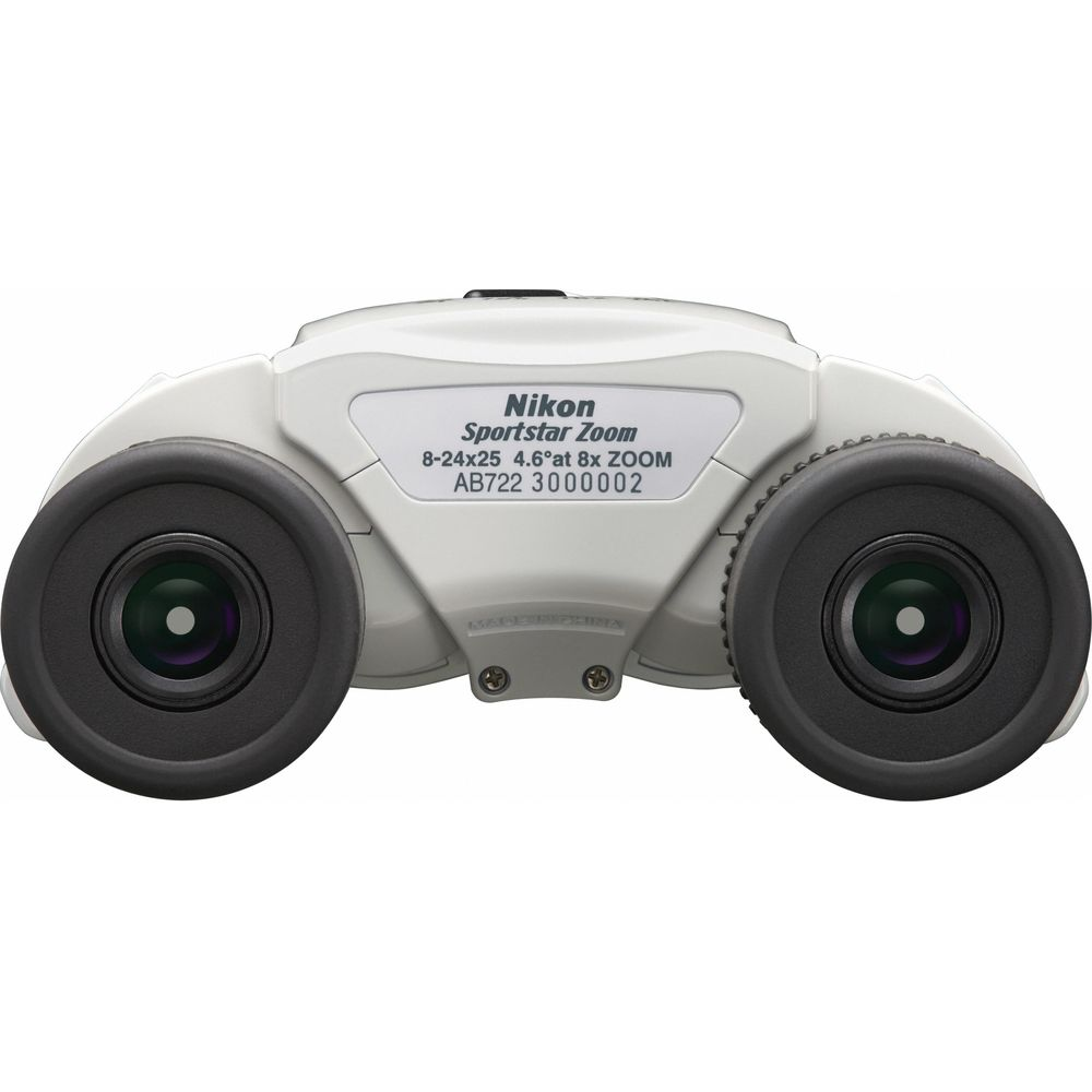 Binocolo Nikon Sportstar Zoom bianco con oculari neri e testo.