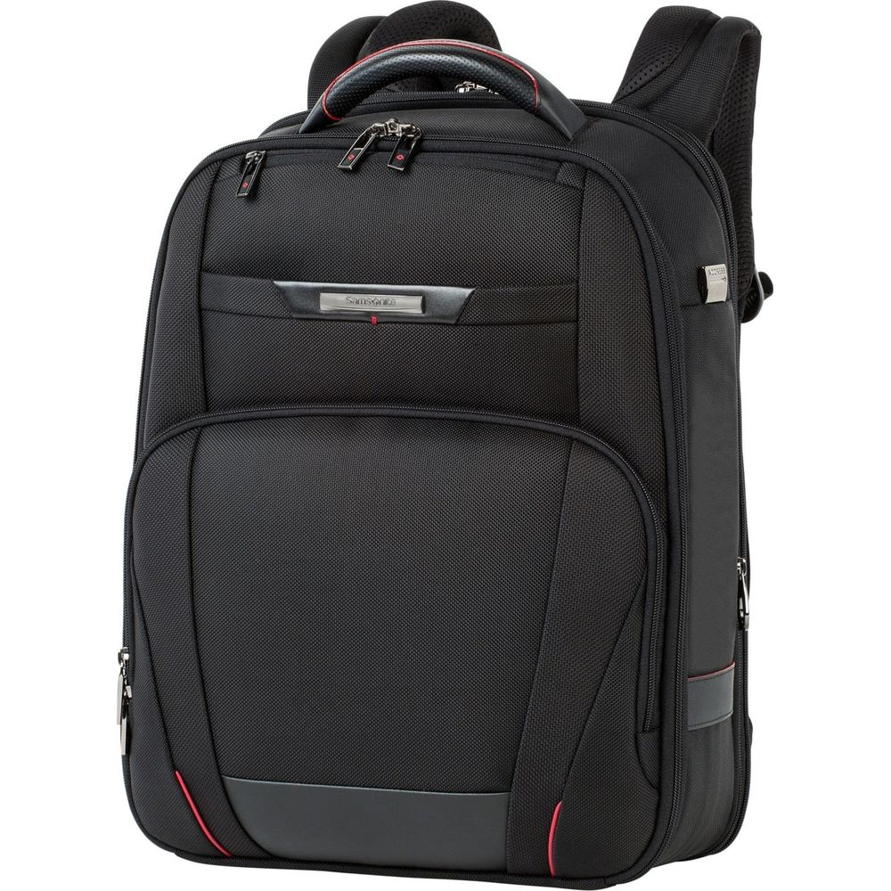 Ein schwarzer Samsonite Rucksack mit roten Akzenten und gepolsterten Trägern.