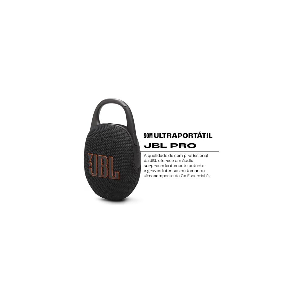 Altavoz JBL Go Essential 2 negro y compacto con asa y logo naranja.