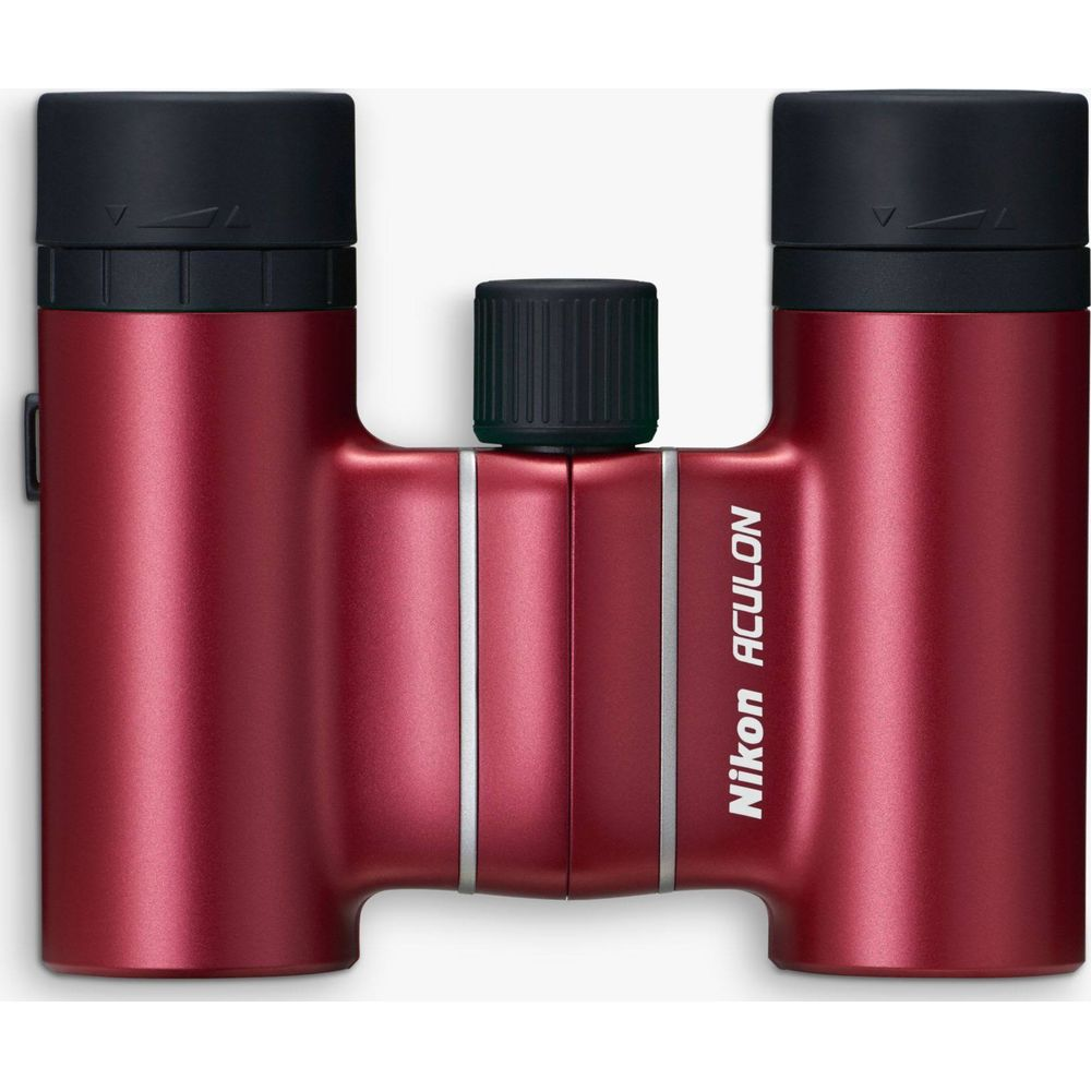 Czerwone lornetki Nikon Aculon z czarnymi nasadkami i kółkiem ostrości.