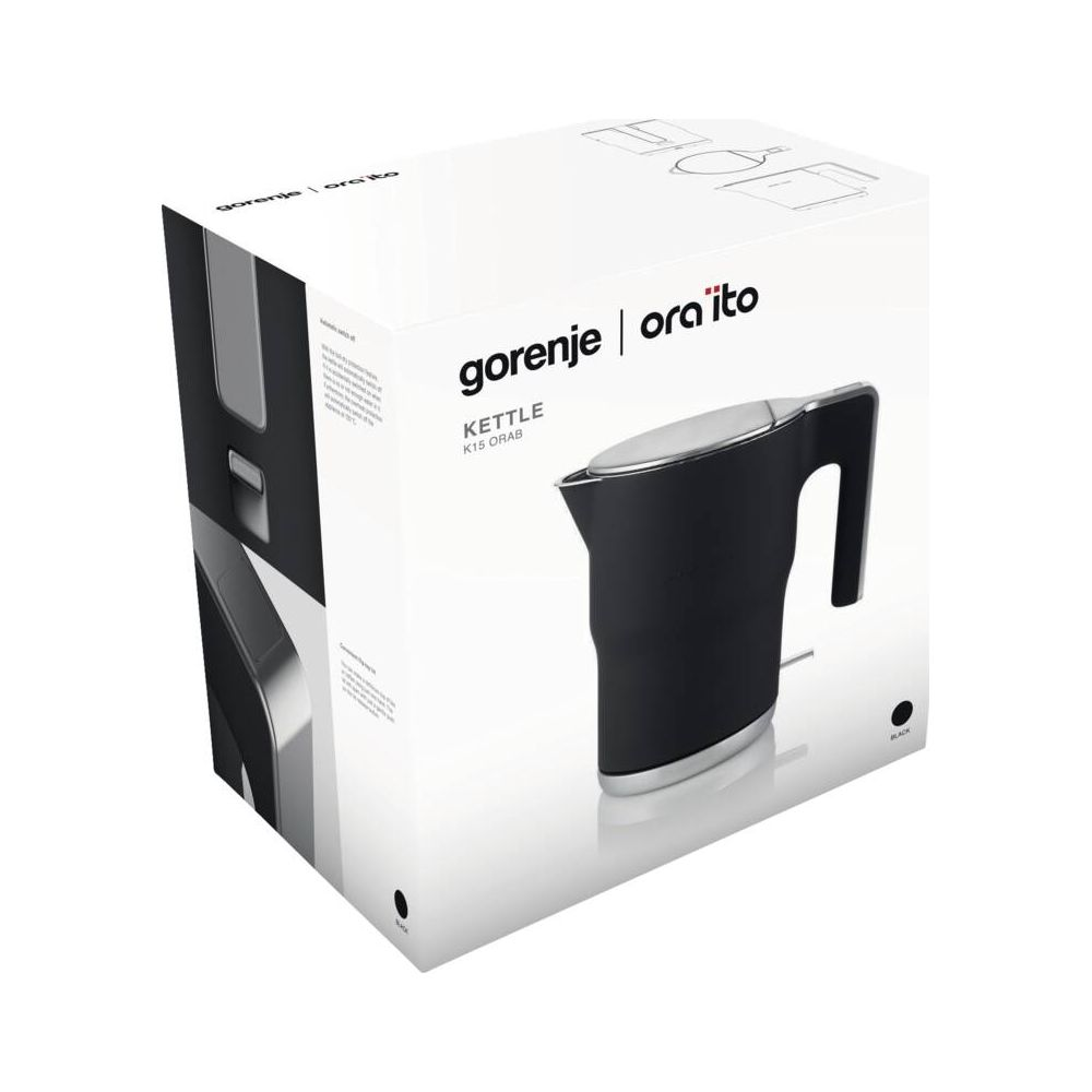 Verpackung eines schwarzen Gorenje Wasserkochers.