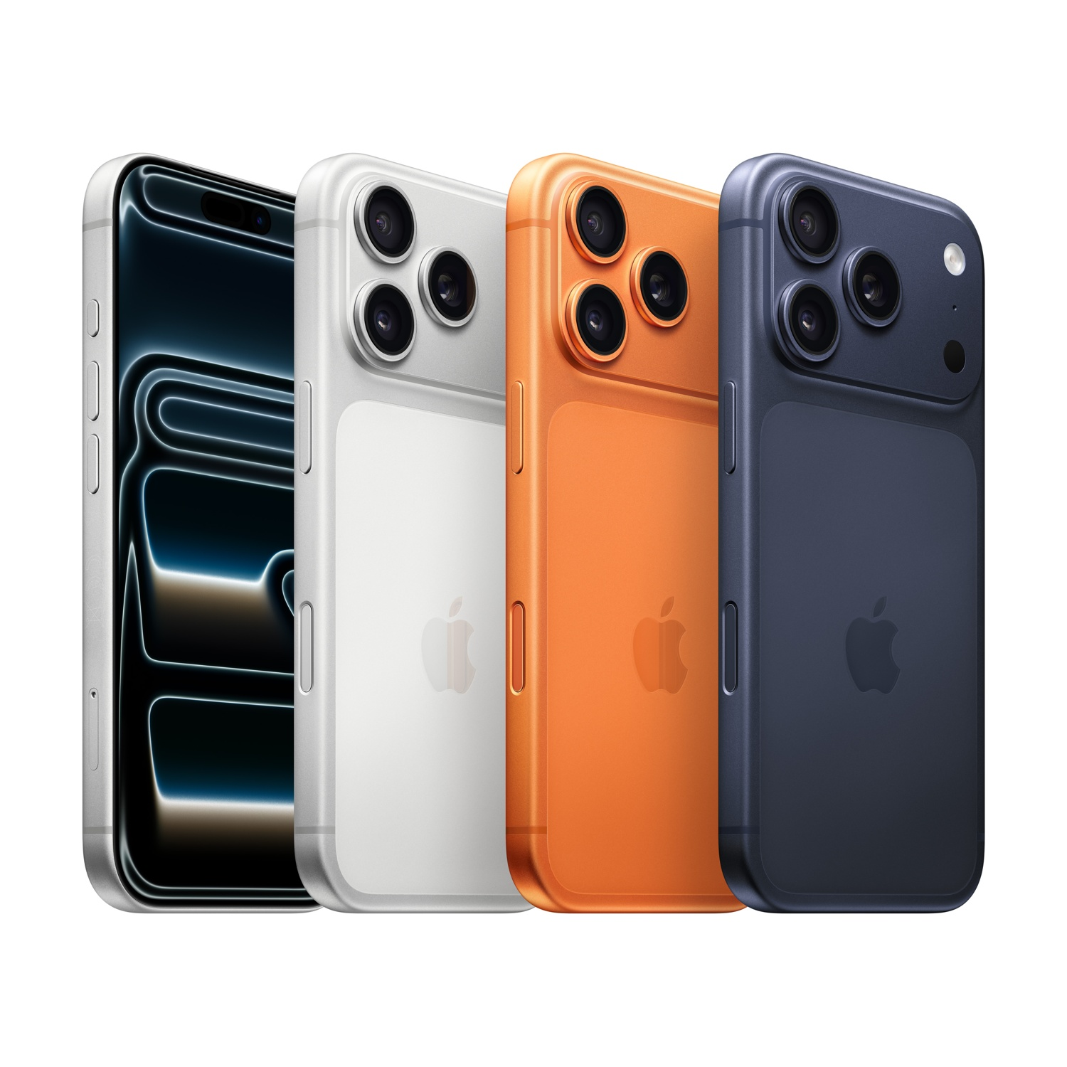 Cztery iPhone w kolorach srebrnym, białym, pomarańczowym i granatowym obok siebie na białym tle.