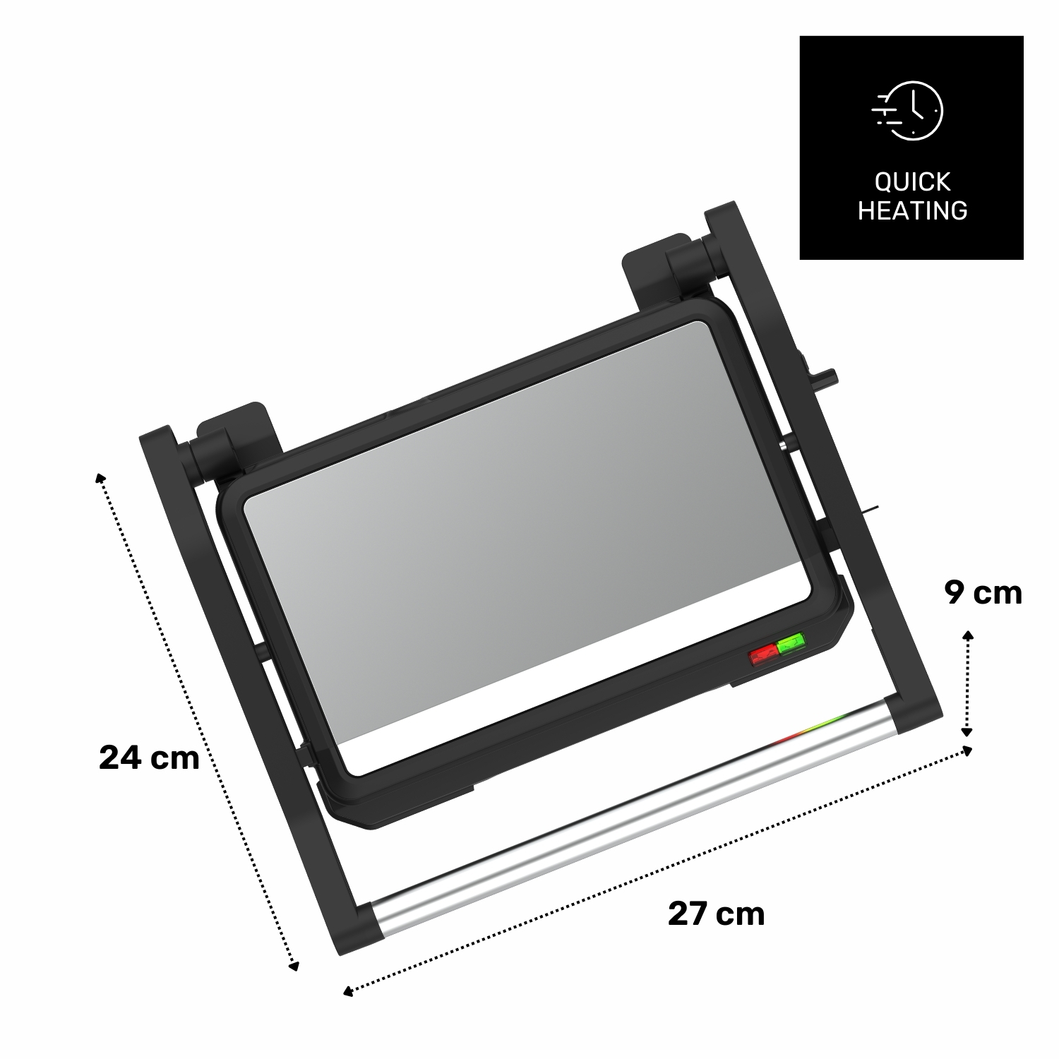 Czarny grill kontaktowy o wymiarach 27x24x9cm, ze wskaźnikiem szybkiego nagrzewania.