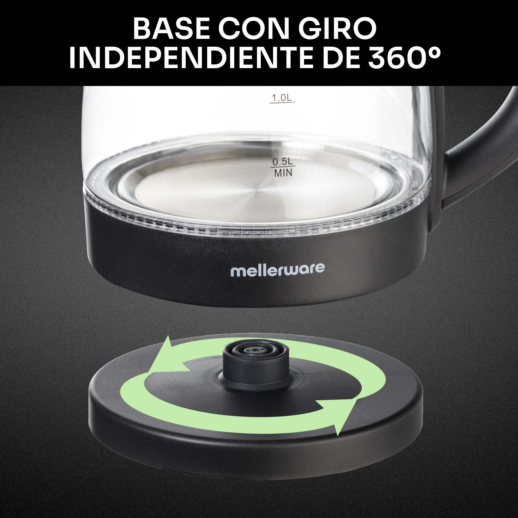 Tetera negra con base giratoria 360°, indicada por flechas verdes.