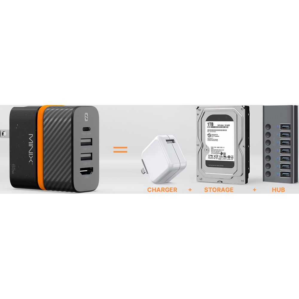 Un caricabatterie Minix nero da 65W, una spina caricabatterie bianca, un hard disk da 1TB e un hub USB.