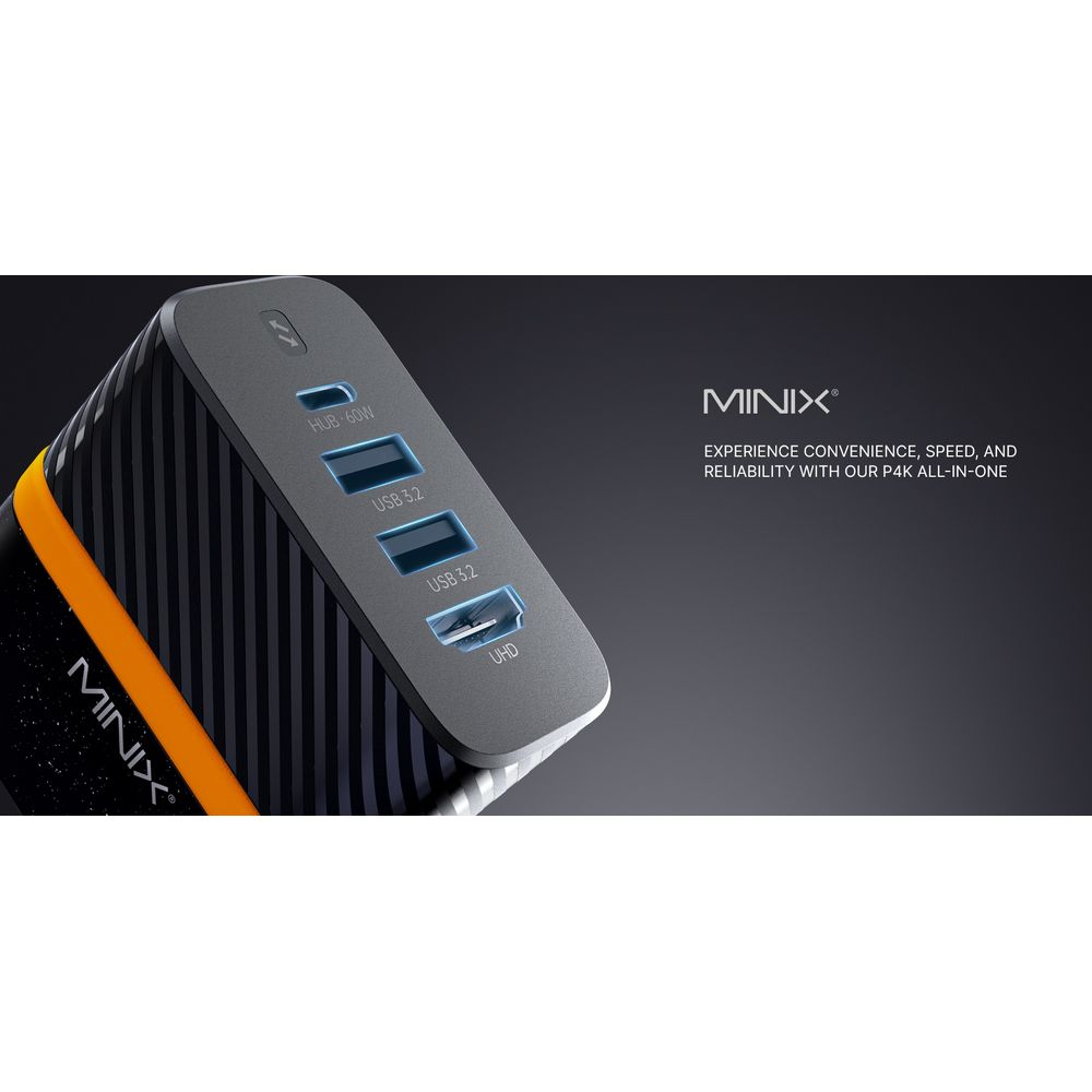 Hub MINIX nero con striscia arancione, quattro porte USB e potenza 60W.