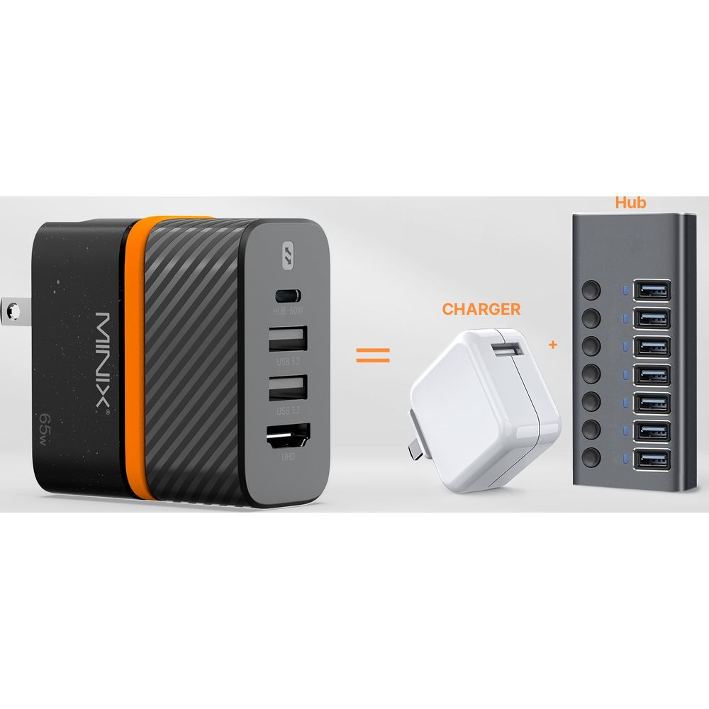 Caricatore MINIX nero 65W e hub USB grigio con caricatore bianco.