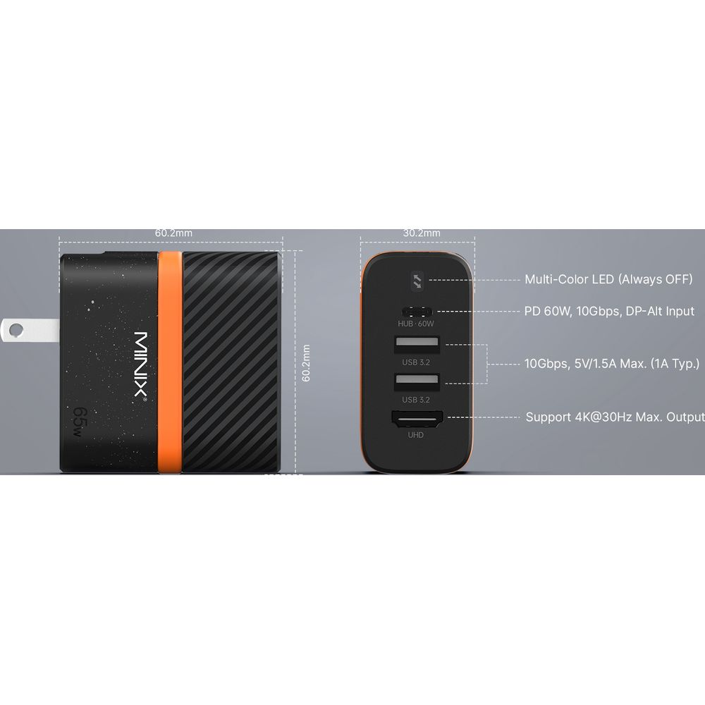 Caricatore MINIX nero con striscia arancione, 65W. Porte: USB 3.2, UHD.