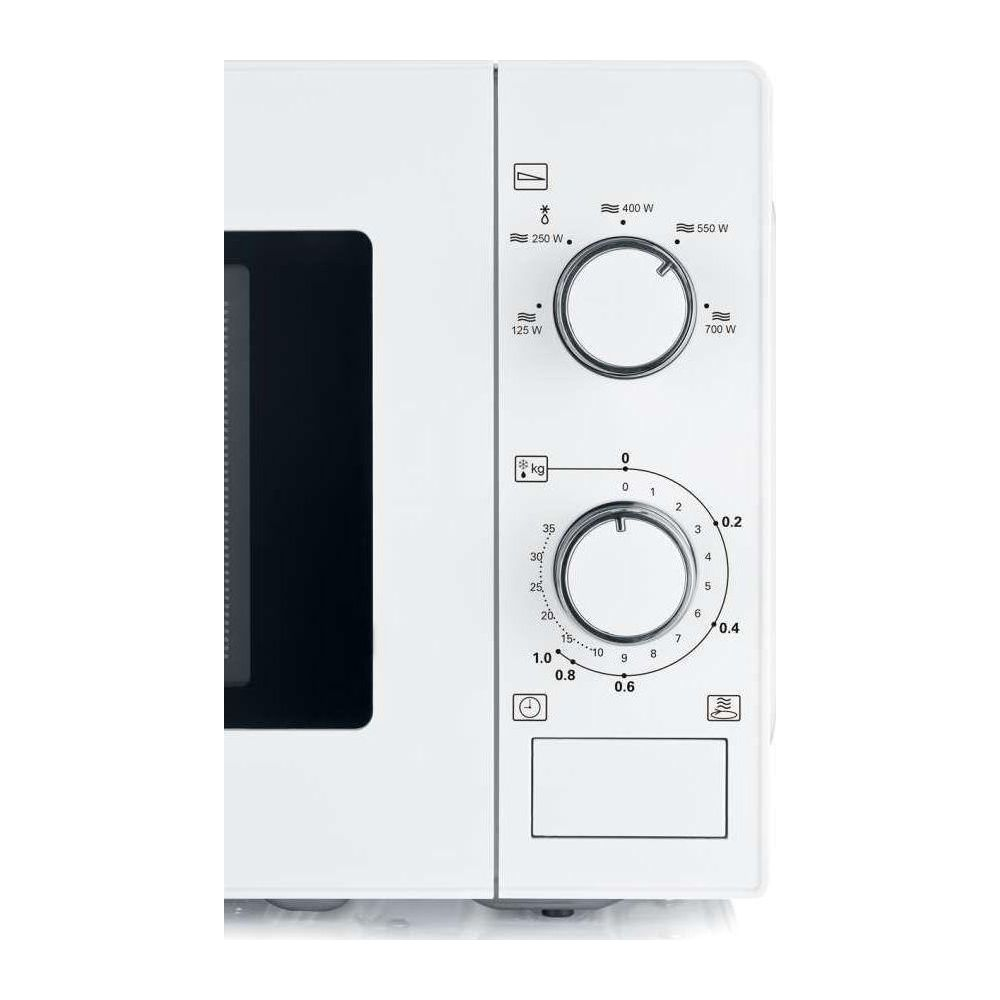 Micro-ondes blanc avec deux molettes pour la puissance et le poids.