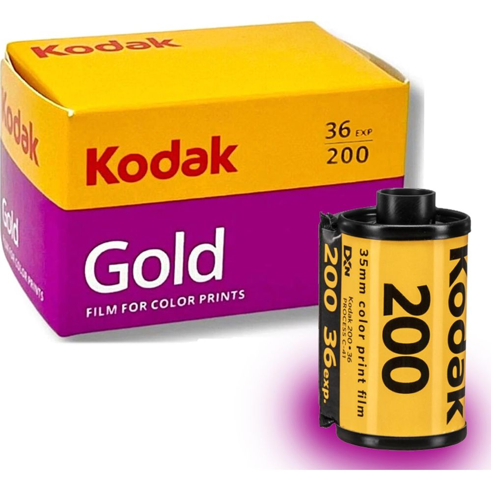 Boîte de film Kodak Gold 200 et un rouleau de film 36 poses.