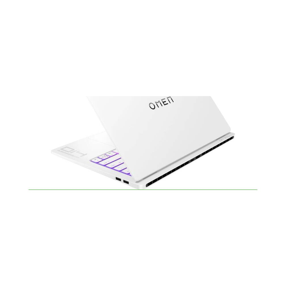 Un ordinateur portable blanc avec logo Omen et clavier rétroéclairé.