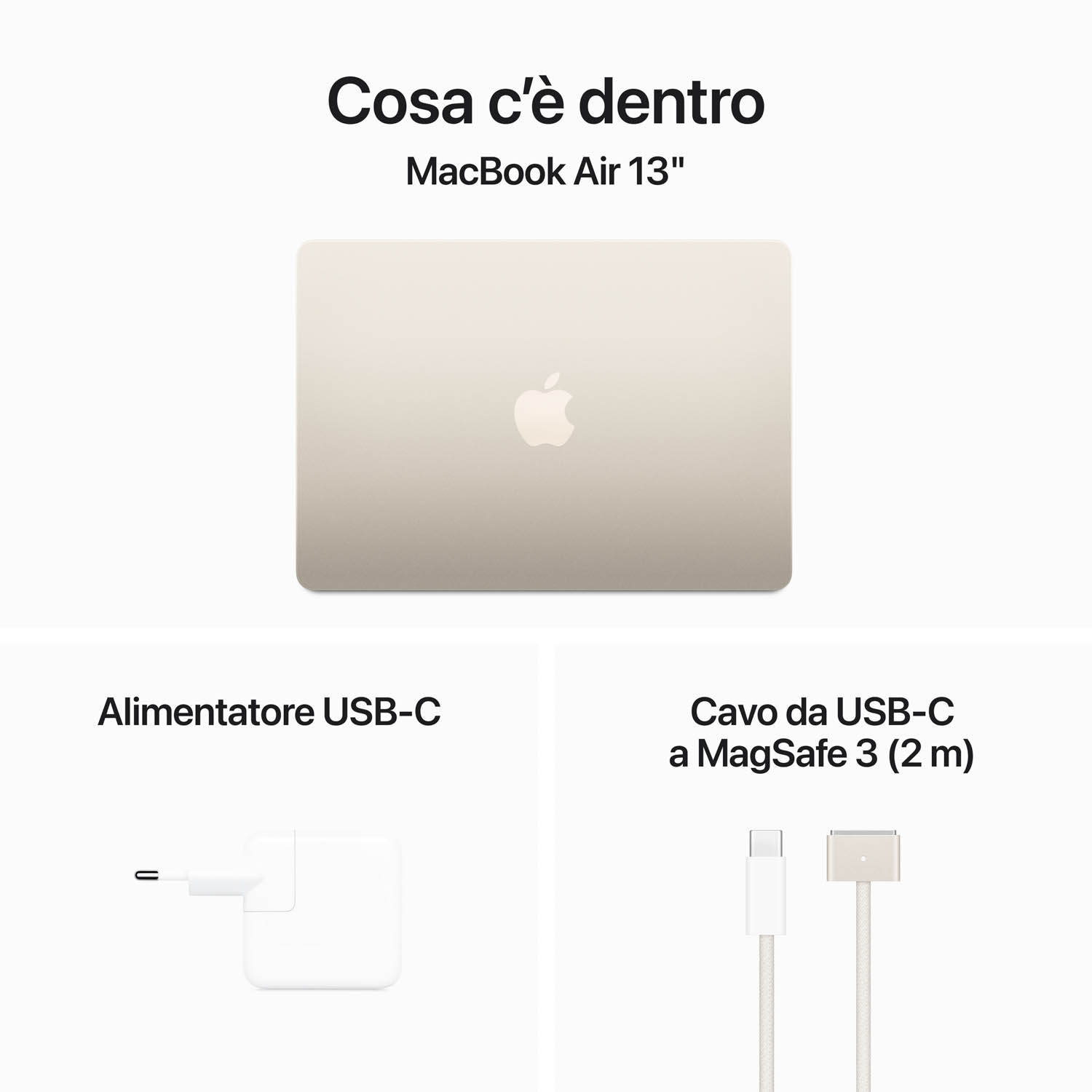 Un MacBook Air 13 pollici, alimentatore e cavo USB-C a MagSafe 3.