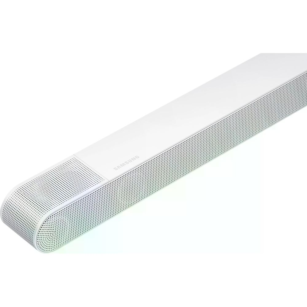 Biały soundbar Samsung z perforowanym frontem i subtelnym kolorowym podświetleniem.